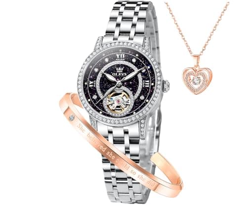 Image of OLEVS Women’s Watch Automatic Diamond Tourbillon Luxury Fashion Stainless Steel Waterproof Luminous Wrist Watches for Ladies Gift Rose Gold/Starry Sky Blue/Silver