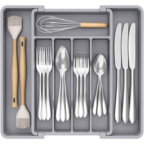 Image of Lifewit Cutlery Drawer Organiser, Extendable Cutlery Tray, 7 Compartments, Kitchen Drawer Organiser Utensil Spoons Forks Knives, Small, Grey