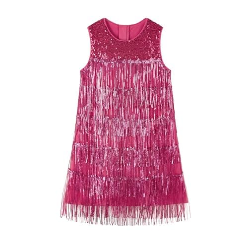 Image of Miipat Girls Sequin Fringe Dress Layered Sparkly Tassel Sleeveless Vintage 20s Flapper Dress Little Kids Dance Party Pageant Birthday Dresses(Rosered, 9-10 Years)