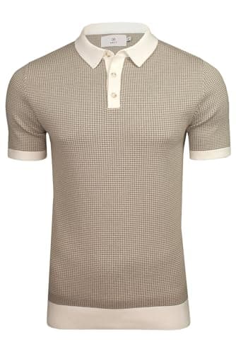 Image of Xact Men's Knitted Polo Shirt – 100% Cotton, Short Sleeve Smart Casual Jacquard Knit Top, Textured Knitwear with Zip Neck - Sea Salt - L
