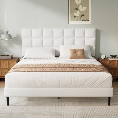 Image of Yocreat Super King Bed Frame, Easy Assembly, Sturdy Wooden Slat Support, Upholstered Platform with Headboard, No Box Spring Needed, White Super King Bed 180×200