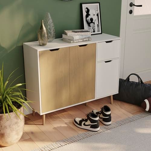 Image of Vida Designs Sideboard Storage Cupboard Cabinet with 1 Drawer for Living, Bedroom, and Dining Room (Oak & White, 3 Door 1 Drawer)