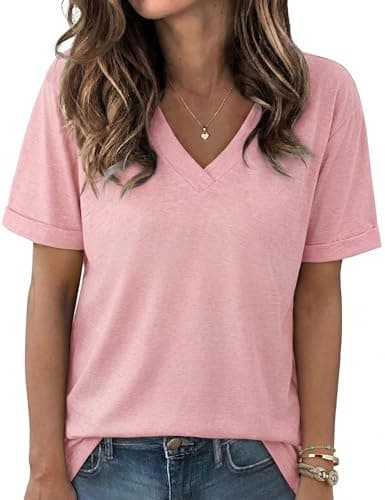 Image of Aottori Ladies Short Sleeves Basic Tops Women V Neck T Shirts Tee Summer Loose Fit Stretch Soft Plain Undershirt Casual Tunic Top UK Pink M