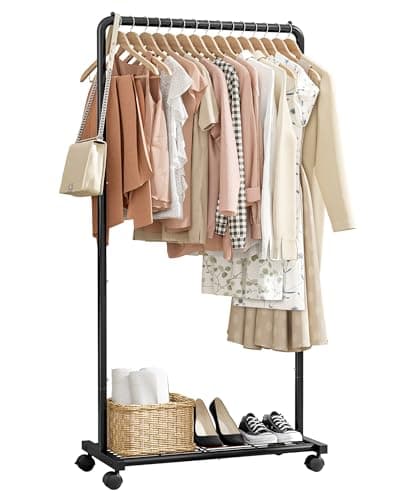 Image of Sakugi Clothes Rail - Movable Clothes Rack with Bottom Shoes Shelf, Heavy-Duty Clothing Rail for Hanging Clothes, Coats, Dresses, Clothes Rail for Bedroom, Closet, Laundry (Black, 72x43x149cm)