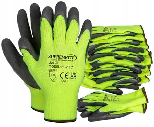 Image of 6 Pairs New HI VIZ Thermal Winter Latex Rubber Work Gloves Builders Gardening (XL)