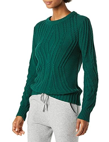 Image of Amazon Essentials Women's Regular Fit Cotton Cable Knit Crewneck Jumper, Dark Green, XS