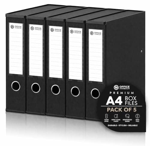 Image of A4 Box Files Pack of 5 – Premium 75mm Document Storage Boxes, Matt Black Textured Finish, Reinforced Edges, Wipe Clean Durable Cardboard Filing Folders with Ring Pull
