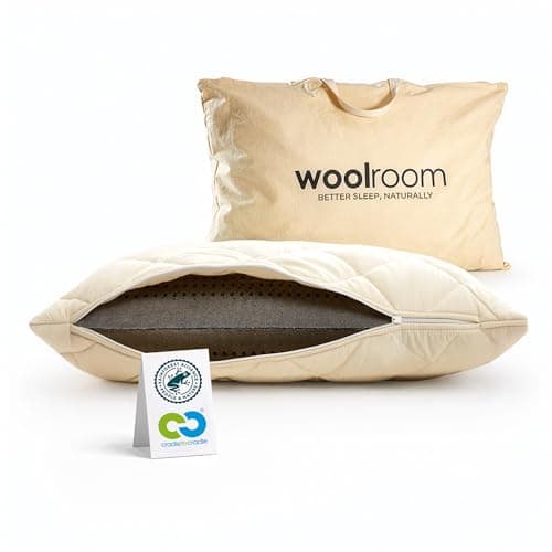 Image of WOOLROOM British Wool Talalay Latex Pillow, 17cm Depth - Cradle to Cradle Rainforest Allergy UK Certified - Natural Elasticity Cooling with Machine Washable Organic Cotton Cover - Std 48 x 74cm