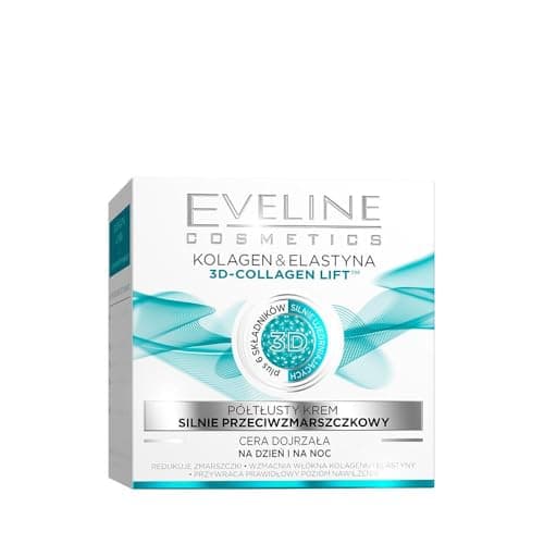 Image of Eveline Cosmetics Kolagen & Elastyna Advanced Anti-Wrinkle Cream for Mature Skin, Day/Night Formula with Six Firming Ingredients - Vegan, 50ml