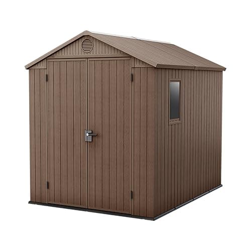 Image of Keter Darwin 6x8ft Outdoor Resin Garden Shed – Brown Evotech+ Wood-Look | Waterproof Resin Storage for Tools & Bikes | Double Doors | Lockable | 15 Yr Warranty | Zero Maintenance