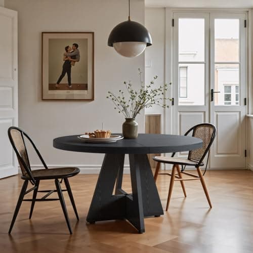 Image of Tribesigns Farmhouse Dining Table, 120 cm Round Dinner Table for 4, Rustic Wood Dining Room Table for Home Dining Room Living Room (Easy Assembly) (Black)