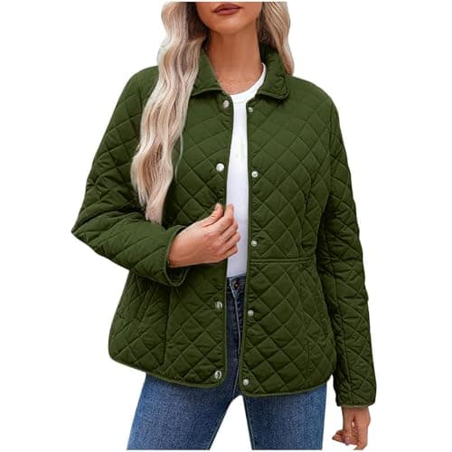 Image of duxyoz Green Women Lightweight Down Jacket Long Sleeve Quilted Winter Coats Padding Outerwear With Pocket Cotton Coat Windproof Casual Snow Skiing Winter Jackets