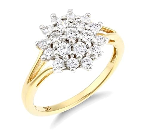 Image of Old English Jewellers 9ct Yellow Gold on Silver 1.00ct Sparkling Cluster Ring size J K L M N O P Q R S T U V (P)
