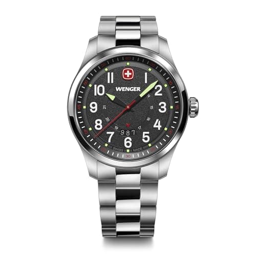 Image of Wenger Men’s Watch Terragraph Ø 43 mm, Swiss Made, Analogue Quartz, Water-Resistant up to 100 m, Stainless Steel Strap, Black/Silver, 01.0541.122