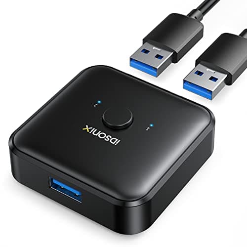 Image of iDsonix USB 3.0 Switch Selector,Bi-Directional USB Switcher 1 in 2 out(2 in 1 out),USB Switch 2 Computers Share 1 Device for Printer,Scanner,Keyboard, with 2pcs A to A 3.3ft Cables
