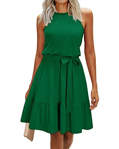 Image of Newshows Summer Dresses for Women UK Halter Neck Dress Ladies Floral Beach Dress for Holiday Vacation(Dark Green, Medium)