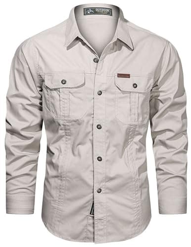 Image of PADOLA Men's Shirt Military Cargo Style Tactical Long Sleeve Shirts for Men UK Button Down Outdoor Hiking Overshirts(L,Beige)