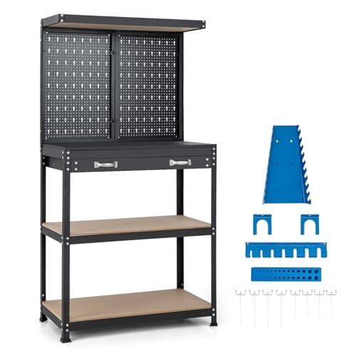 Image of GiantexUK Workbench with Pegboard, Metal Frame Garage Work Bench with 13 Hanging Accessories, Drawer & 4-Tiers Shelves, Heavy Duty Tool Storage Station Unit for Warehouse Workshop (Blue + Black)