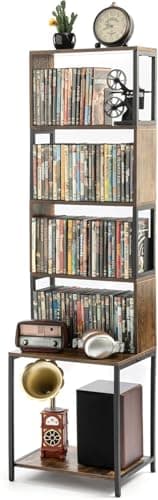 Image of Aquzee CD Storage Rack, 4 Tier Wooden DVD Shelf, CD Storage Tower Units with Adjustable Dividesrs, Media Organizer Shelving Unit, Display Shelves for CDs, DVDs, Blu Rays, Video Games, Books