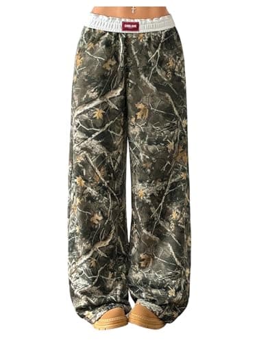 Image of GORGLITTER Women's Leopard Print Wide Leg Trousers Elastic Waist Letter Patched Wide Straight Leg Casual Pants Army Green Medium