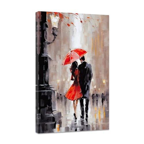 Image of CCWACPP Romantic Couple Wall Art Street Lovers with Red Umbrella Painting Abstract Canvas Prints Paris Artwork For Girls Bedroom Room Wall Decor Framed (B, (30.00 x 45.00 cms))
