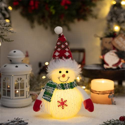 Image of LED Light-Up Snowman Christmas Decoration, Figurines Lighted Snowman Lamp,25 cm, White Plush with Knitted Scarf and Top Hat (Style A)