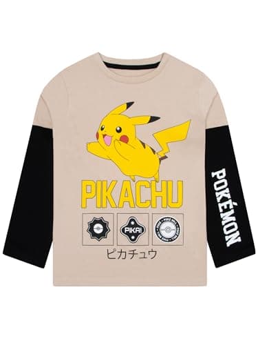 Image of Pokemon T Shirt, Pikachu Boys Tshirt, Long Sleeve Kids T Shirt, Fun Boys' T-Shirts, Pikachu Kids Clothes, Beige 7-8 Years