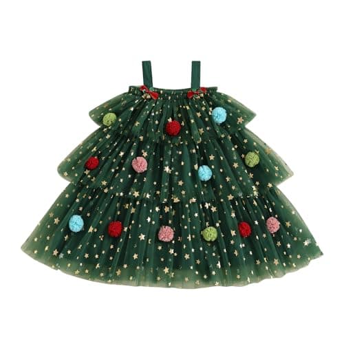 Image of Nicoxijia Toddler Baby Girl Christmas Tutu Dress Sleeveless Christmas Tree Layered Tulle Dress Sequin Wedding Ball Gown (Green, 12-24 Months)