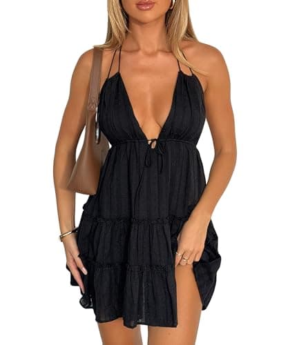 Image of Coloquin Women Sexy Halter Backless Mini Dress Sundress Flowy Swing A Line Short Dress Beach Going Out Dresses Black M