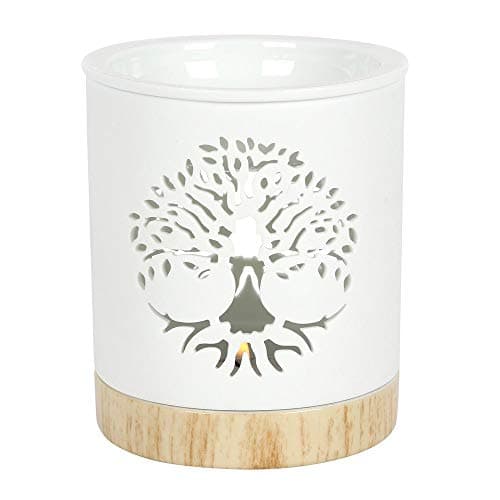 Image of Elegant Tree of Life Cut-Out Design White Ceramic Oil Burner - 12.6cm x 11.5cm (1 Pc.) - With A Wood-effect Ceramic Base - Ideal for Aromatherapy, Home Decor Accent & Gift