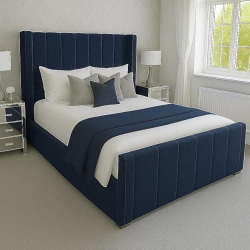 Image of Innovative Luxury Chesterfield Wiinged Bed Frame - Upholstered in Plush Velvet with Mattress/Gas Lift Options - UK Made (Navy Blue Plush, King size 5ft Bed Frame)