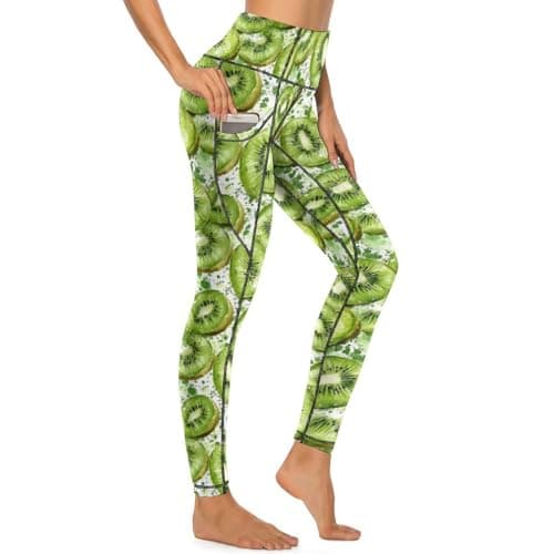 Image of Nevjipu Yoga Pants with Pockets for Women Workout - Green Kiwi Print Gym Leggings for Women Tummy Control