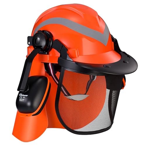 Image of SAFEYEAR Pro Forestry Chainsaw Safety Helmet with Adjustable 27SNR Ear Muffs, Mesh Visor. M-5009OR EN397 Approved Quality Hard Hat for Chainsaw, Forestry Work,Builder and Industry.(Regular,Orange)
