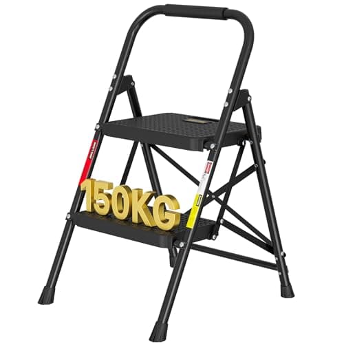 Image of BONTEC 2 Step Ladder, Folding Steel Step Stool with Wide Anti-Slip Pedals and Sponge Handlebar, Lightweight Foldable Step Stool with Handle, Capacity 150kg, Portable Folding Ladder for Home and Office