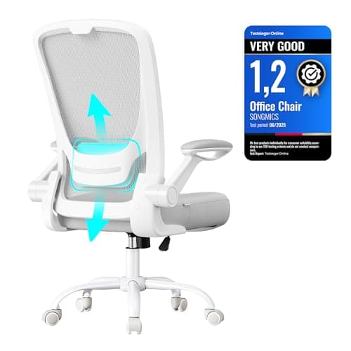 Image of SONGMICS Office Mesh Chair, Ergonomic Swivel Chair, Lumbar and Head Support, Wide Seat, Foldable Armrests, Tilt Function, for Office Bedroom, Dove Grey OBN037G03