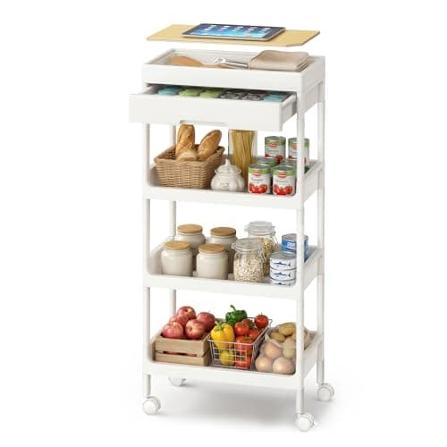 Image of SONGMICS 4-Tier Storage Trolley, Rolling Trolley on Wheels, Serving Utility Cart with Removable Tray, Drawer, and Plastic Shelves, Easy Assembly, for Kitchen, White and Golden Oak BSC070W101