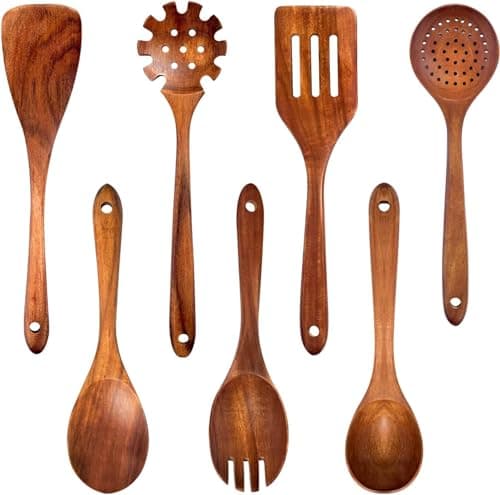 Image of IHKFILAN Wooden Spoons, 7 Pcs Teak Wooden Utensils for Cooking, High Temperature Resistance Comfortable Grip Kitchen Utensils Set, Nonstick Healthy Wooden Kitchen Cookware (Brown-A)