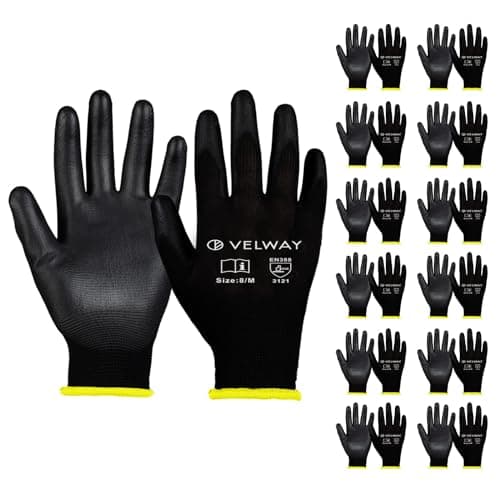 Image of Velway 12 Pairs Safety Work Gloves - Firm Grip Non-Slip PU Coated Builders Gardening Gloves, Lightweight Breathable Protective EN388 Mechanic Working for Men Women Black (Size 8/M)