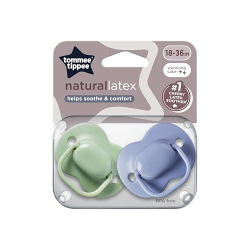 Image of Tommee Tippee Cherry Latex Soother, 18-36 Months, Green and Blue, Pack of 2 soothers with 100% Natural Latex baglet