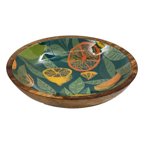 Image of Carousel Home Large Teal Citrus Zest Wooden Fruit Bowl | Mango Wood Enamel Salad Bowl | Decorative Serving Dish - 30cm