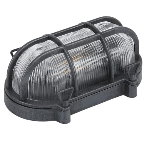 Image of Antique Silver & Ribbed Glass Outdoor Vintage Oval Flush Bulkhead Wall Light | 25cm Length | IP44 Rated | 1 x ES E27 Lamp Bulb Required | Bathroom Use | UK Approved | Low Profile Height Only 10.5cm