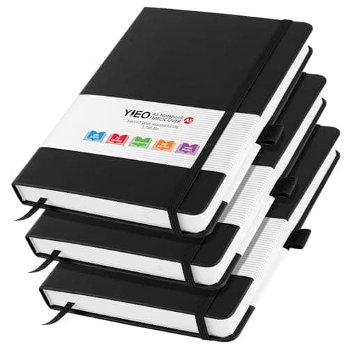 Image of A5 Notebook, 3 Pack Leather Notebook Journal for Women Men , 200 Lined Pages 80GSM Notebooks with Elastic Loop, Pen Loop and Expandable Paper Pocket, Hardback Notepad for Office School Supplies -Black