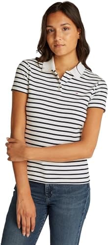 Image of Tommy Jeans Women’s Essential Stretch Slim Fit Short Sleeve Polo Shirt, Multicolor (Ecru/Navy Stripe), XL