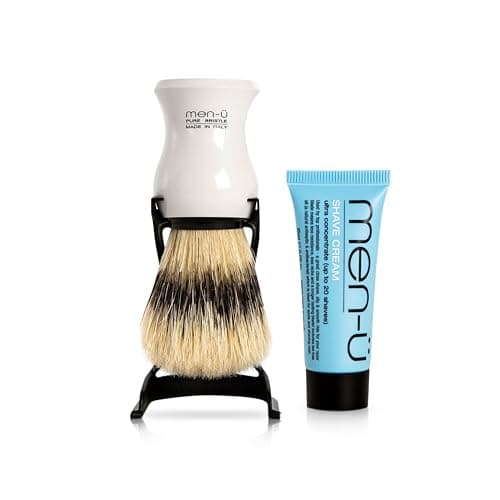 Image of men-u BARBIERE PURE BRISTLE (WHITE) SHAVING BRUSH – Traditional shaving brush set from Italy w/ pure bristles. A great introductory shaving brush. Includes 15ml SHAVE CREAM tube.