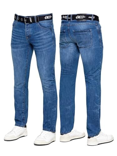 Image of 989Zé ENZO Mens Jeans Classic Straight Leg Casual Cotton Regular Fit Denim Pants Free Belt EZ384 MID Blue 34W / 32L