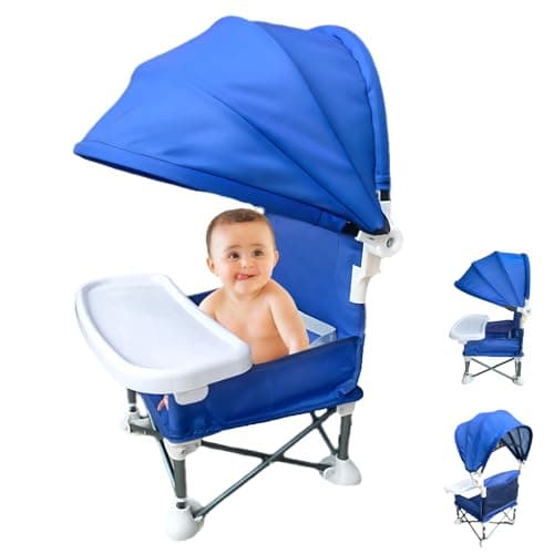 Image of Little Bean Foldable Baby Booster Seat Dining Chair Travel Portable Toddler Highchair with Removable Tray for Indoor Outdoor Open Sit Folding Booster Feeding/Camping Chair for Baby Toddler (Blue)
