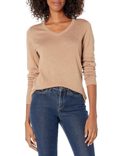 Image of Amazon Essentials Women's Regular-Fit Lightweight V-Neck Long-Sleeve Jumper (Available in Plus Size), Camel Heather, M