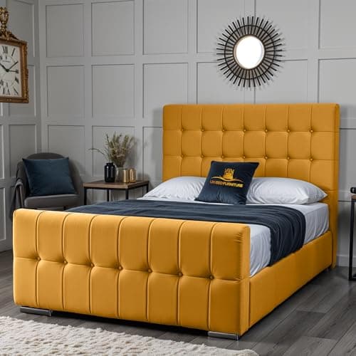 Image of Orlando Upholstered Bed Frame | Elegant Plush Velvet Headboard & Footboard | Optional Gas Lift Storage & Mattress (Mustard, 4FT6 Double No Storage Slat Base No Mattress)