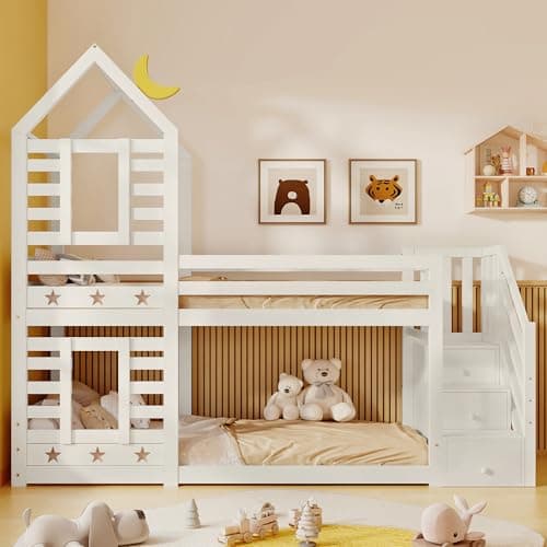 Image of Gelukueub Bunk Bed with Storage, Children Cabin Bed Single Bed with Window for Kids, Twin Sleeper 190x90 cm, Solid Pine Wood, 3FT -White