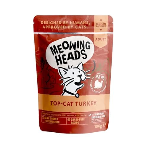 Image of Meowing Heads Wet Cat Food - Top-Cat Turkey - 93% Natural Turkey, Chicken & Beef Pouches with No Artificial Flavours, Grain-Free Recipe (10 x 100g)